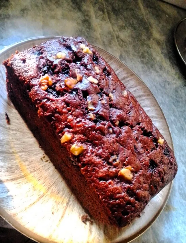 Freshly baked banana bread with walnuts and chocolate chip